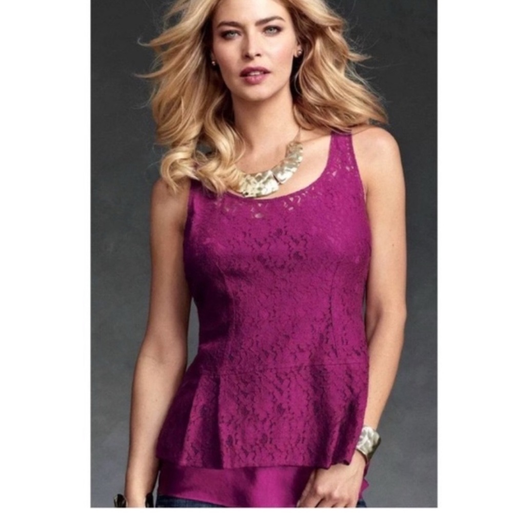 Cabi Boysenberry Lace Pleated Peplum Tank Top L